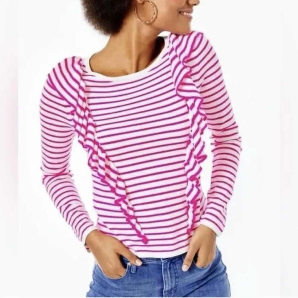 Lilly Pulitzer Women’s Ruth Pink/White‎ Striped Ruffle Round Neck Sweater Sz M